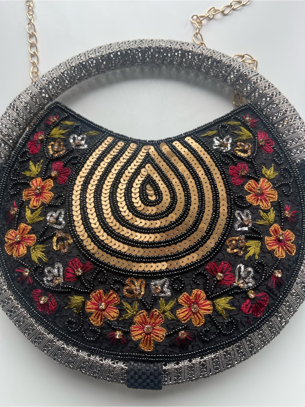 Women's Black & Gold embroidered whirl round partywear clutch & shoulder Bag - Picture 2 of 6